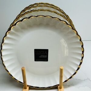 4 Salad Plate’s Lucia White Ruffle Gold Trim Fine Porcelain New